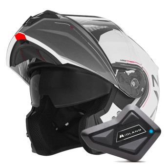 Flip Up NOX N968 Tomak White Red + Kit Bluetooth BT Mini