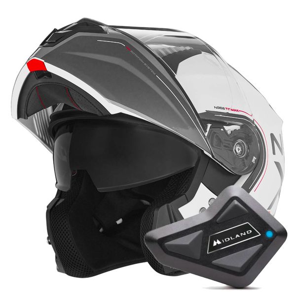 Flip Up NOX N968 Tomak White Red + Kit Bluetooth BT Mini