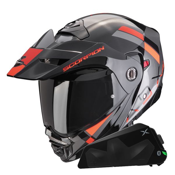 Flip Up Scorpion ADX-2 Galane Silver Black Red + Kit bluetooth Exo-Com Link-1C Solo