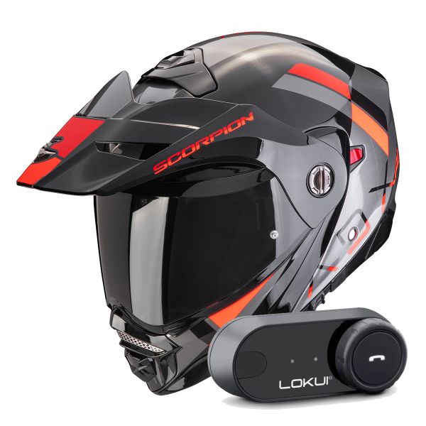 Flip Up Scorpion ADX-2 Galane Silver Black Red + Kit Bluetooth Lokui K30