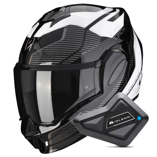 Flip Up Scorpion Exo Tech Evo Animo Black White + Kit Bluetooth BT Mini