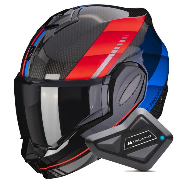 Flip Up Scorpion Exo Tech Evo Carbon Genus Black Blue Red + Kit Bluetooth BT Mini