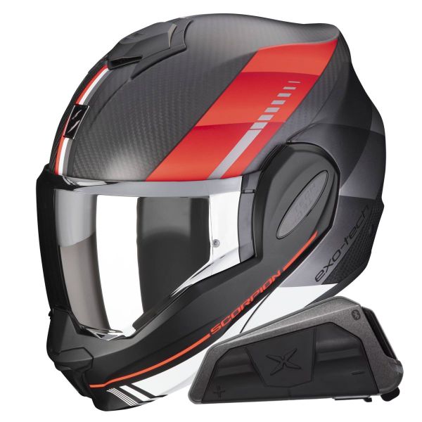 Flip Up Scorpion Exo Tech Evo Carbon Genus Matt Black Red + Kit bluetooth Exo-Com Link-1