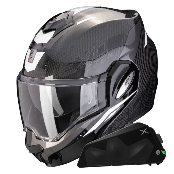 Flip Up Scorpion Exo Tech Evo Carbon Rover Black White + Kit bluetooth Exo-Com Link-1C