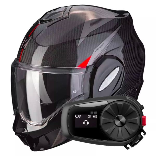 Flip Up Scorpion Exo Tech Evo Carbon Top Black Red + Kit Bluetooth 5S