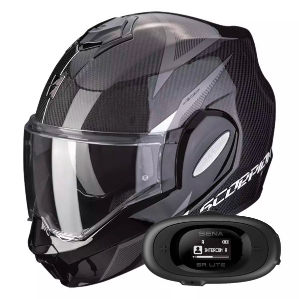 Flip Up Scorpion Exo Tech Evo Carbon Top Black White + Kit bluetooth 5R Lite