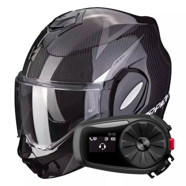 Flip Up Scorpion Exo Tech Evo Carbon Top Black White + Kit Bluetooth 5S