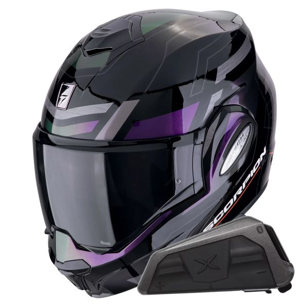Flip Up Scorpion Exo Tech Evo Conquer Black Chameleon + Kit bluetooth Exo-Com Link-1