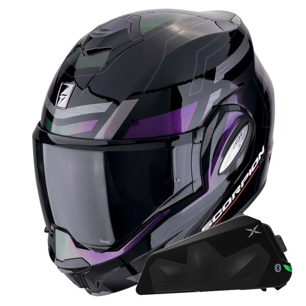 Flip Up Scorpion Exo Tech Evo Conquer Black Chameleon + Kit bluetooth Exo-Com Link-1C