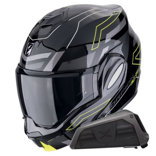Flip Up Scorpion Exo Tech Evo Conquer Black Yellow Fluo + Kit bluetooth Exo-Com Link-1