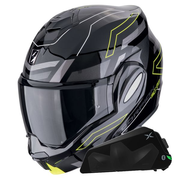 Flip Up Scorpion Exo Tech Evo Conquer Black Yellow Fluo + Kit bluetooth Exo-Com Link-1C