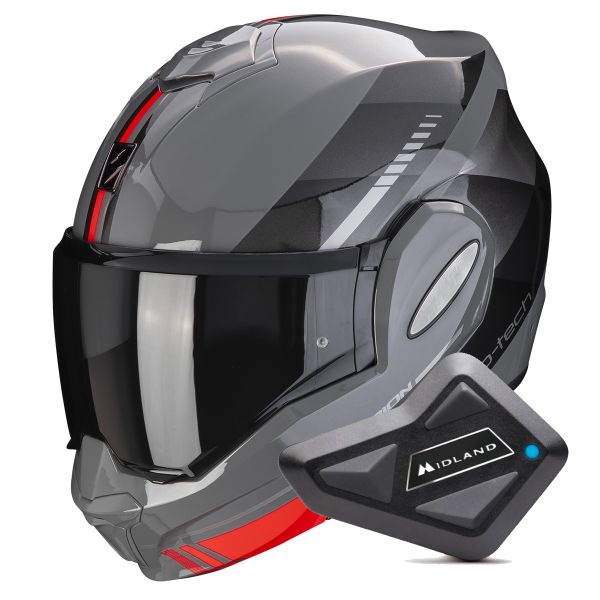 Flip Up Scorpion Exo Tech Evo Genre Grey Black Red + Kit Bluetooth BT Mini