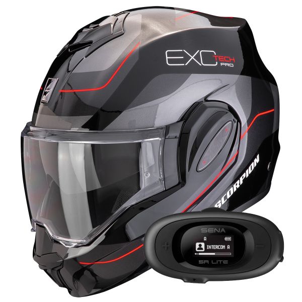 Flip Up Scorpion Exo Tech Evo Pro Commuta Black Silver Red + Kit bluetooth 5R Lite