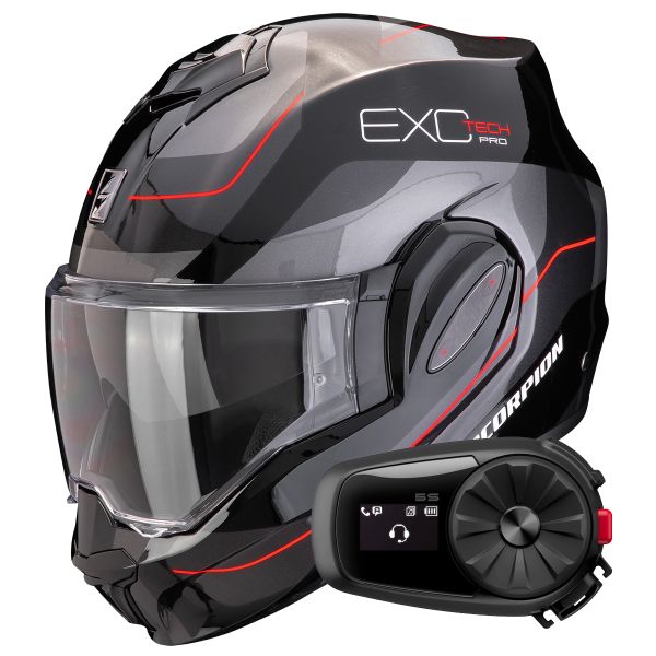 Flip Up Scorpion Exo Tech Evo Pro Commuta Black Silver Red + Kit Bluetooth 5S