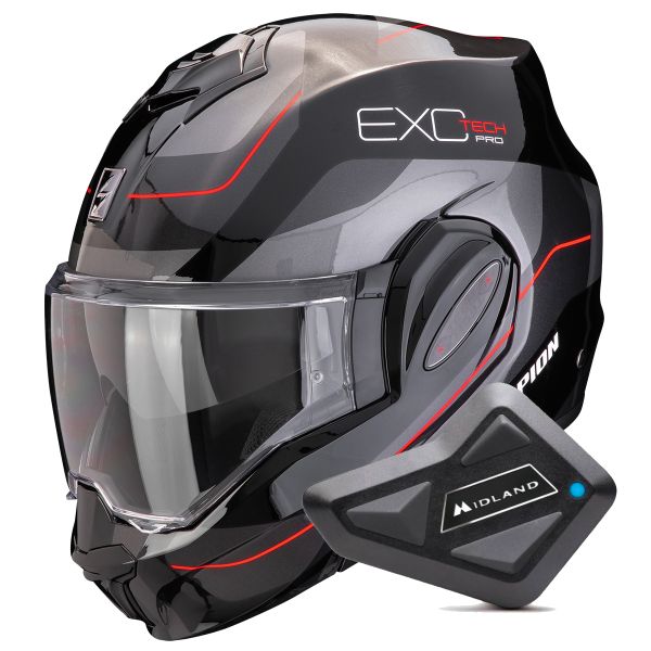 Flip Up Scorpion Exo Tech Evo Pro Commuta Black Silver Red + Kit Bluetooth BT Mini