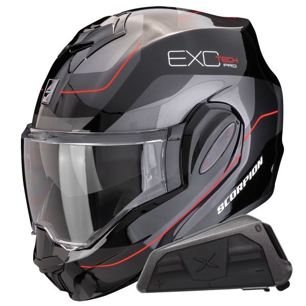 Flip Up Scorpion Exo Tech Evo Pro Commuta Black Silver Red + Kit bluetooth Exo-Com Link-1