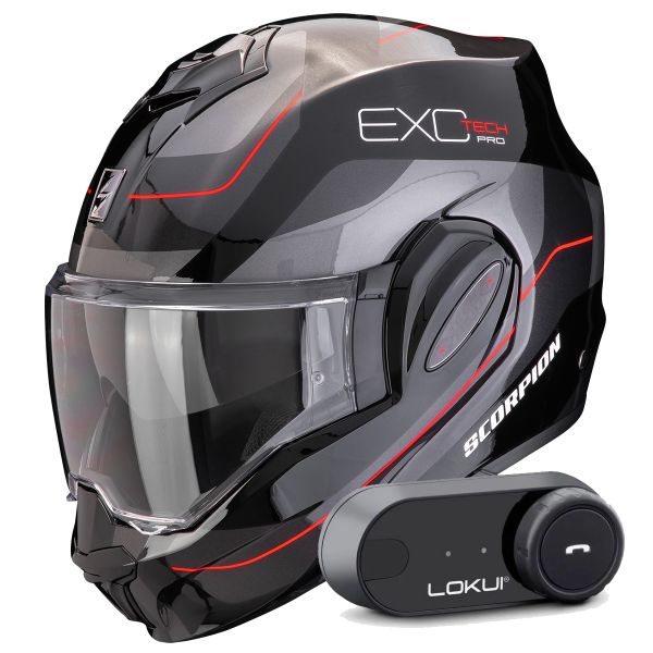 Flip Up Scorpion Exo Tech Evo Pro Commuta Black Silver Red + Kit Bluetooth Lokui K30
