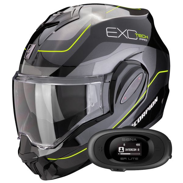 Flip Up Scorpion Exo Tech Evo Pro Commuta Black Silver Yellow + Kit bluetooth 5R Lite