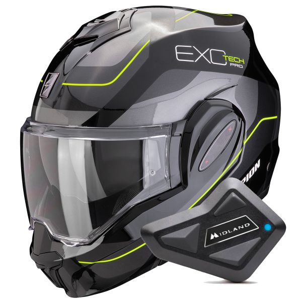 Flip Up Scorpion Exo Tech Evo Pro Commuta Black Silver Yellow + Kit Bluetooth BT Mini
