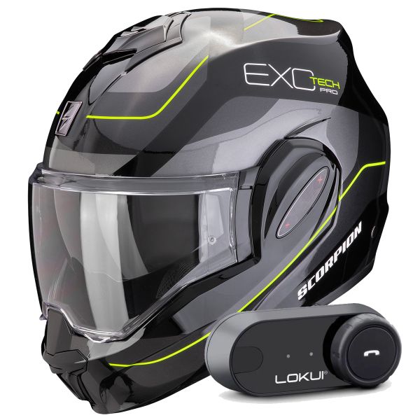 Flip Up Scorpion Exo Tech Evo Pro Commuta Black Silver Yellow + Kit Bluetooth Lokui K30