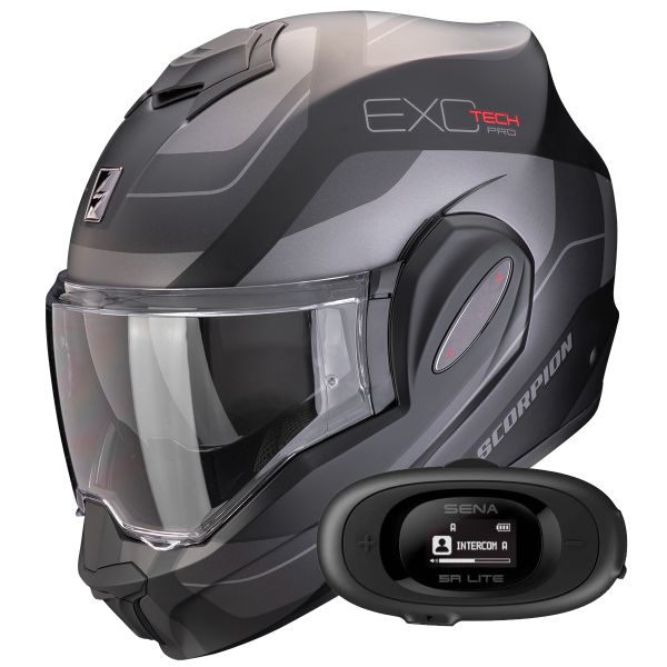 Flip Up Scorpion Exo Tech Evo Pro Commuta Matt Black Silver + Kit bluetooth 5R Lite
