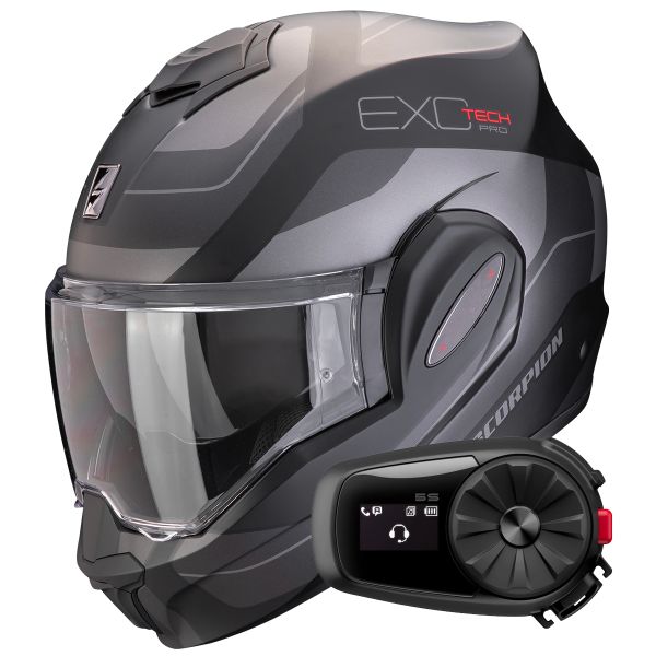 Flip Up Scorpion Exo Tech Evo Pro Commuta Matt Black Silver + Kit Bluetooth 5S