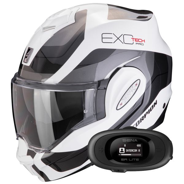 Flip Up Scorpion Exo Tech Evo Pro Commuta White Silver + Kit bluetooth 5R Lite
