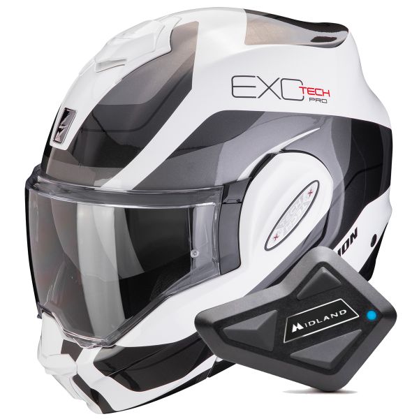 Flip Up Scorpion Exo Tech Evo Pro Commuta White Silver + Kit Bluetooth BT Mini
