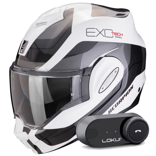Flip Up Scorpion Exo Tech Evo Pro Commuta White Silver + Kit Bluetooth Lokui K30