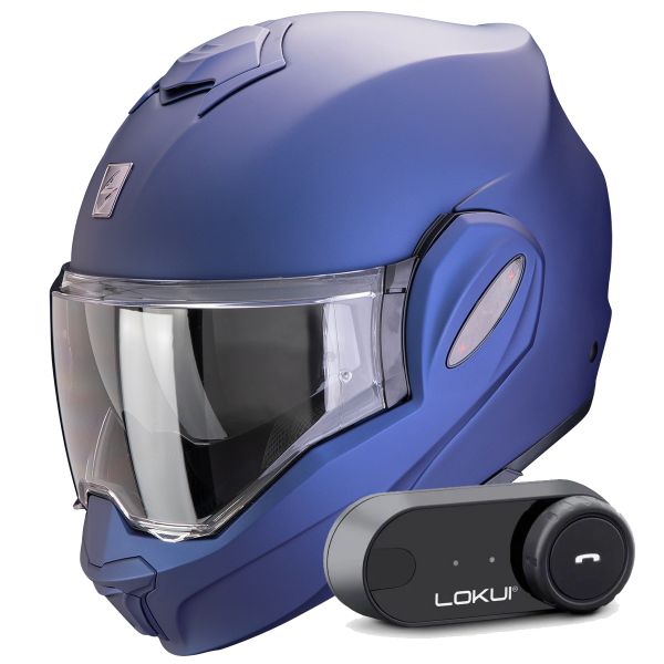 Flip Up Scorpion Exo Tech Evo Pro Solid Blue Matt + Kit Bluetooth Lokui K30