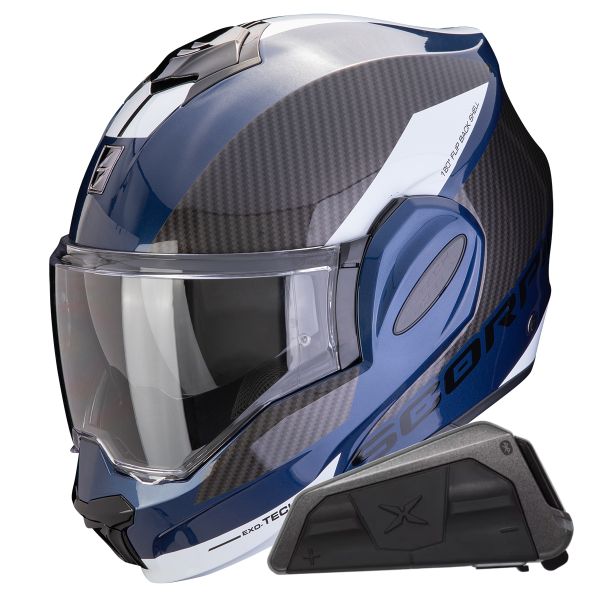 Flip Up Scorpion Exo Tech Evo Team Blue Black White + Kit bluetooth Exo-Com Link-1