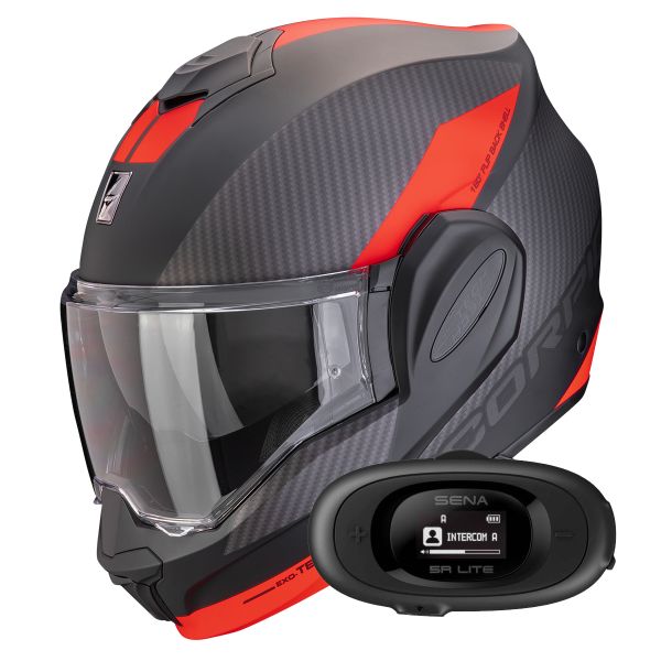 Flip Up Scorpion Exo Tech Evo Team Matt Black Silver Red + Kit bluetooth 5R Lite Solo