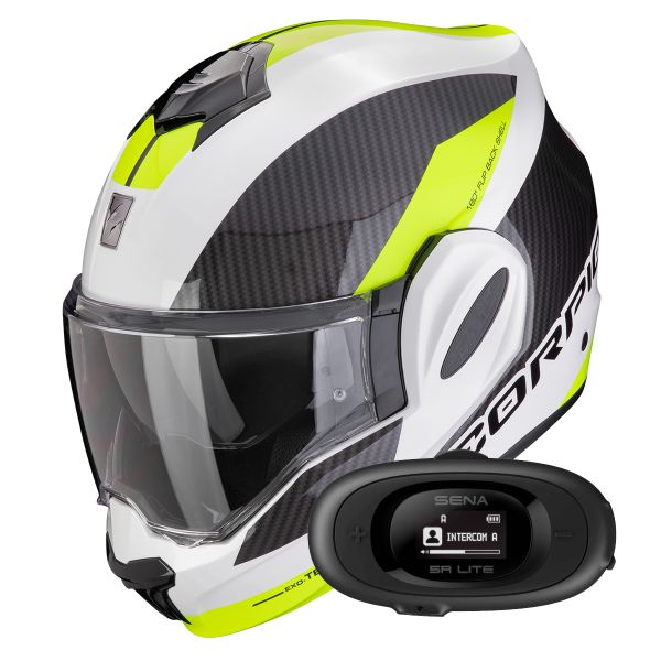 Flip Up Scorpion Exo Tech Evo Team White Yellow Fluo + Kit bluetooth 5R Lite Solo