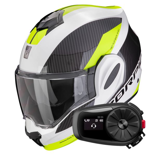 Flip Up Scorpion Exo Tech Evo Team White Yellow Fluo + Kit Bluetooth 5S Solo