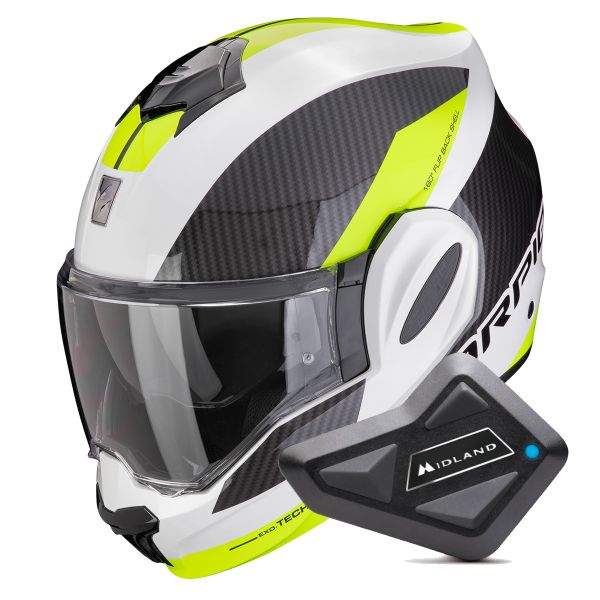 Flip Up Scorpion Exo Tech Evo Team White Yellow Fluo + Kit Bluetooth BT Mini