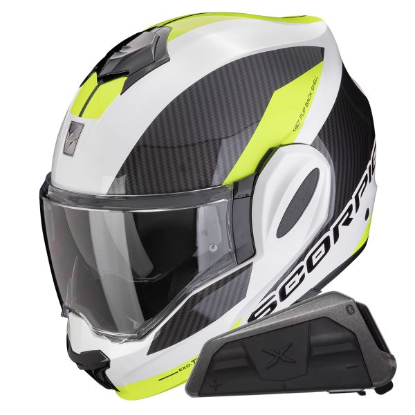 Flip Up Scorpion Exo Tech Evo Team White Yellow Fluo + Kit bluetooth Exo-Com Link-1