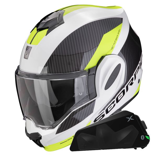 Flip Up Scorpion Exo Tech Evo Team White Yellow Fluo + Kit bluetooth Exo-Com Link-1C