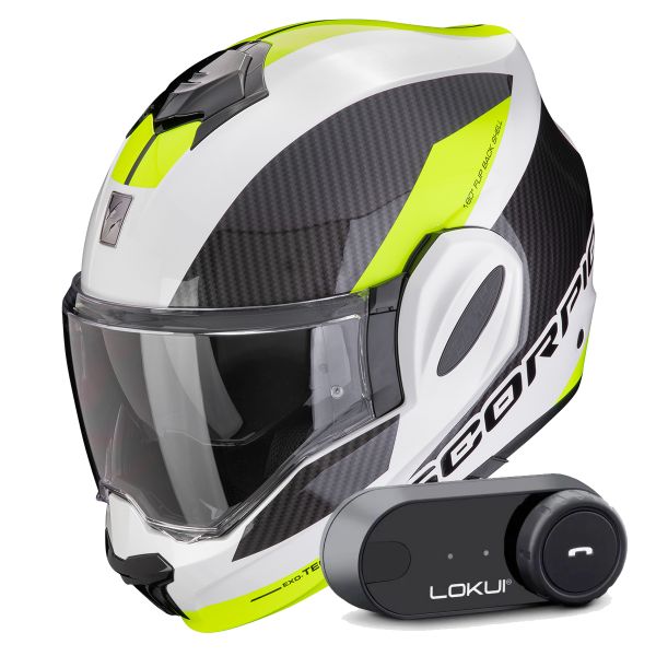 Flip Up Scorpion Exo Tech Evo Team White Yellow Fluo + Kit Bluetooth Lokui K30