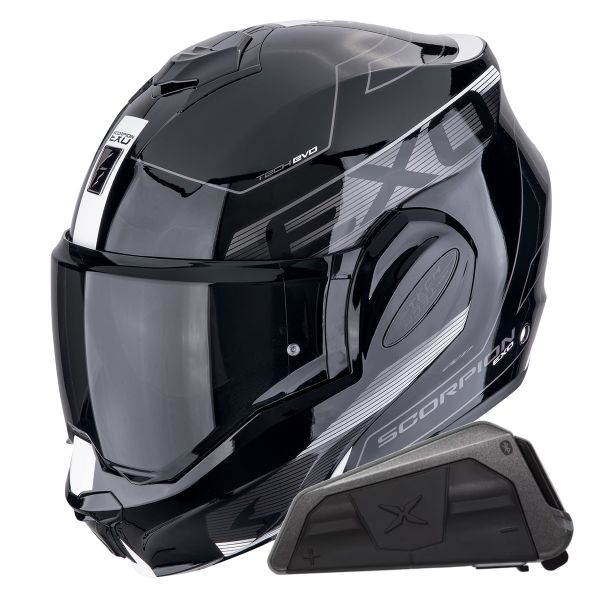 Flip Up Scorpion Exo Tech Evo Traveller Black White + Kit bluetooth Exo-Com Link-1