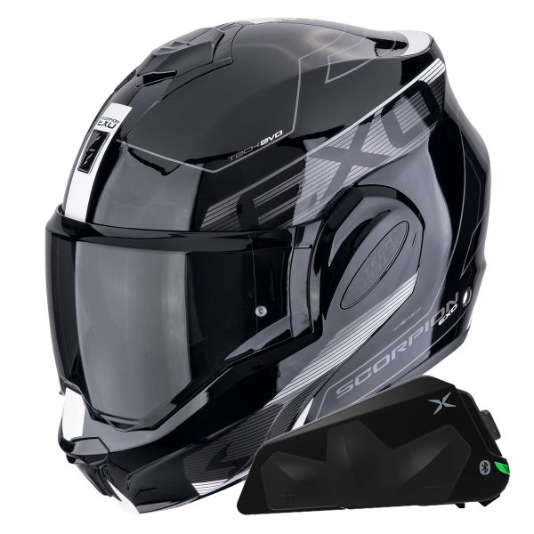 Flip Up Scorpion Exo Tech Evo Traveller Black White + Kit bluetooth Exo-Com Link-1C