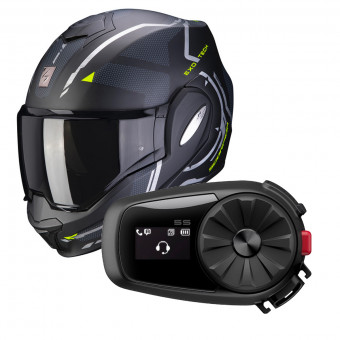 Flip Up Scorpion Exo Tech Square Matt Black Neon Yellow + Kit Bluetooth Sena 5S