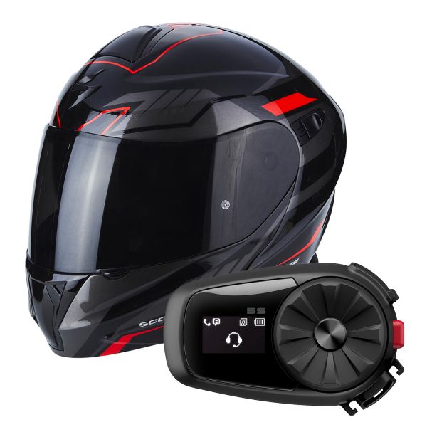 Flip Up Scorpion Exo 920 Shuttle Black Silver Red + Kit Bluetooth Sena 5S Solo