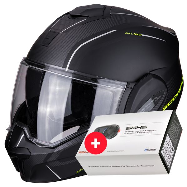 Flip Up Scorpion Exo Tech Time-Off Matt Black Neon Yellow + Kit Bluetooth Sena SMH5
