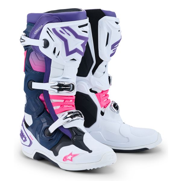 Motocross Boots Alpinestars Tech 10 White Violet Navy Blue Pink Fluo