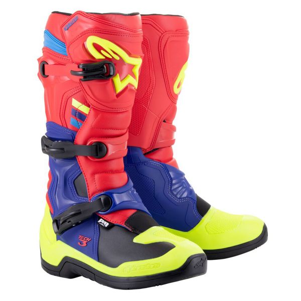 Motocross Boots Alpinestars Tech 3 Bright Red Dark Blue Yellow Fluo Motocross Boots Alpinestars Tech 3 Bright Red Dark Blue Yellow Fluo