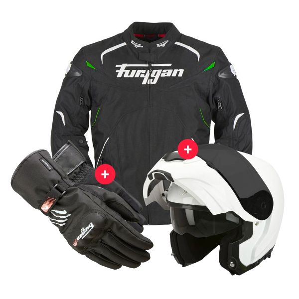 Motorcycle Jackets Furygan Narval Black White Green + EXO 3000 Air White + Keen Black White