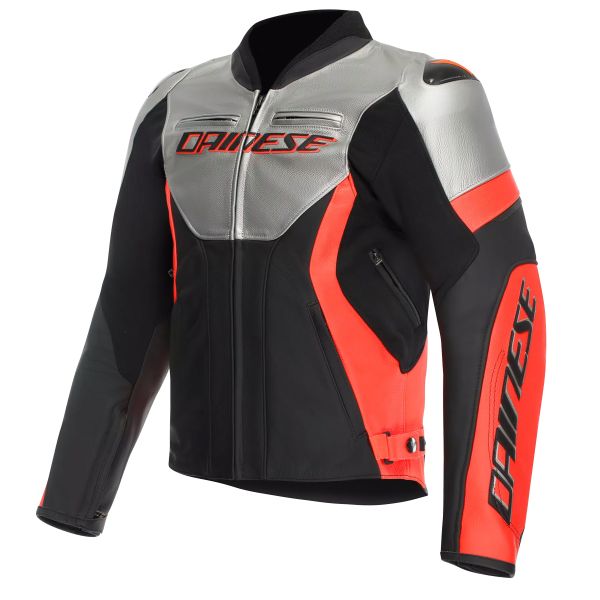 Motorcycle Jackets Dainese Racing 5 Leather Silver Black Red Fluo