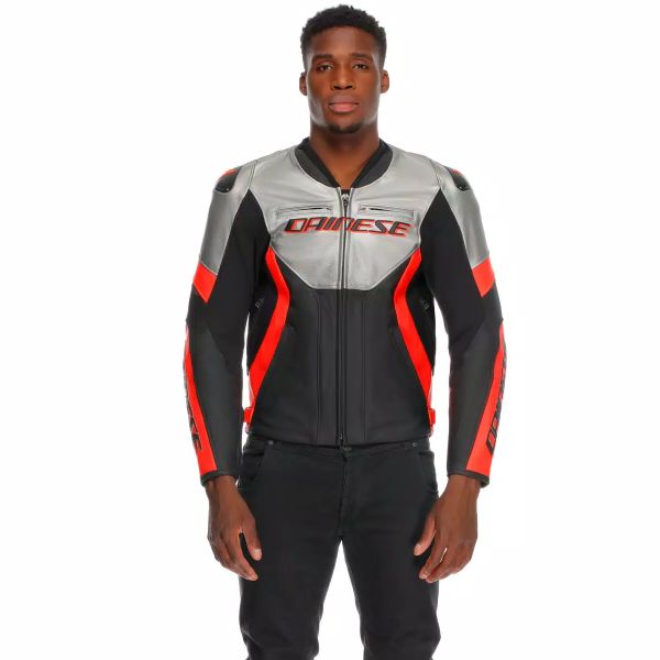 Dainese Racing 5 Leather Silver Black Red Fluo