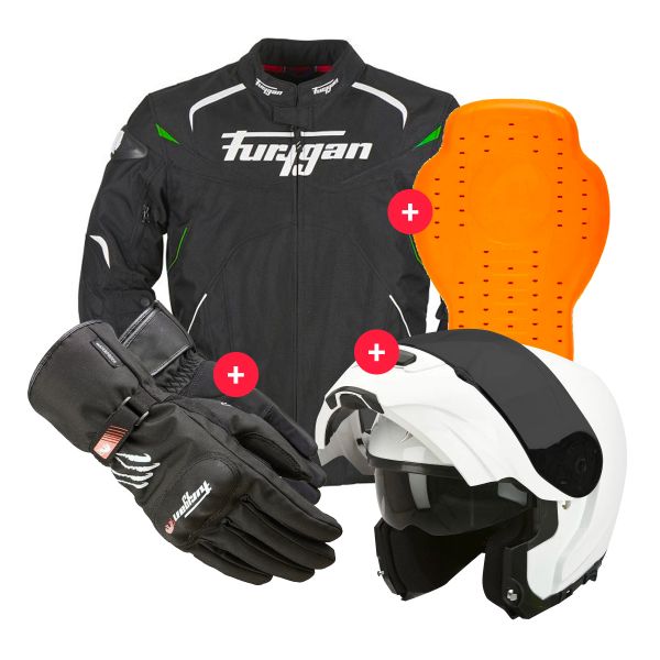 Motorcycle Jackets Furygan Narval Black White Green + EXO 3000 Air White + Keen + Back Protector D3