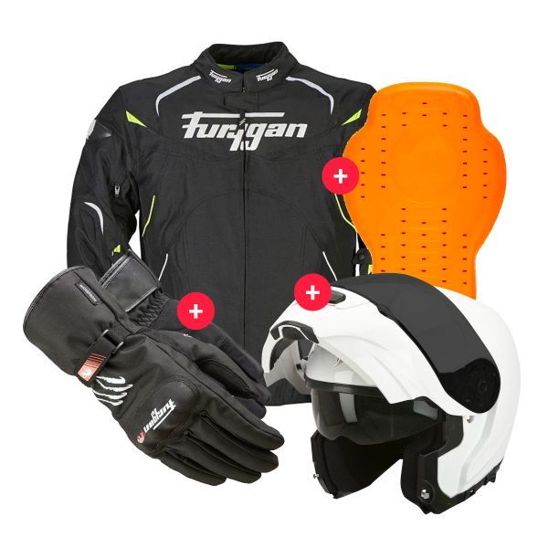 Motorcycle Jackets Furygan Narval Black White Yellow + EXO 3000 Air White + Keen + Back Protector D